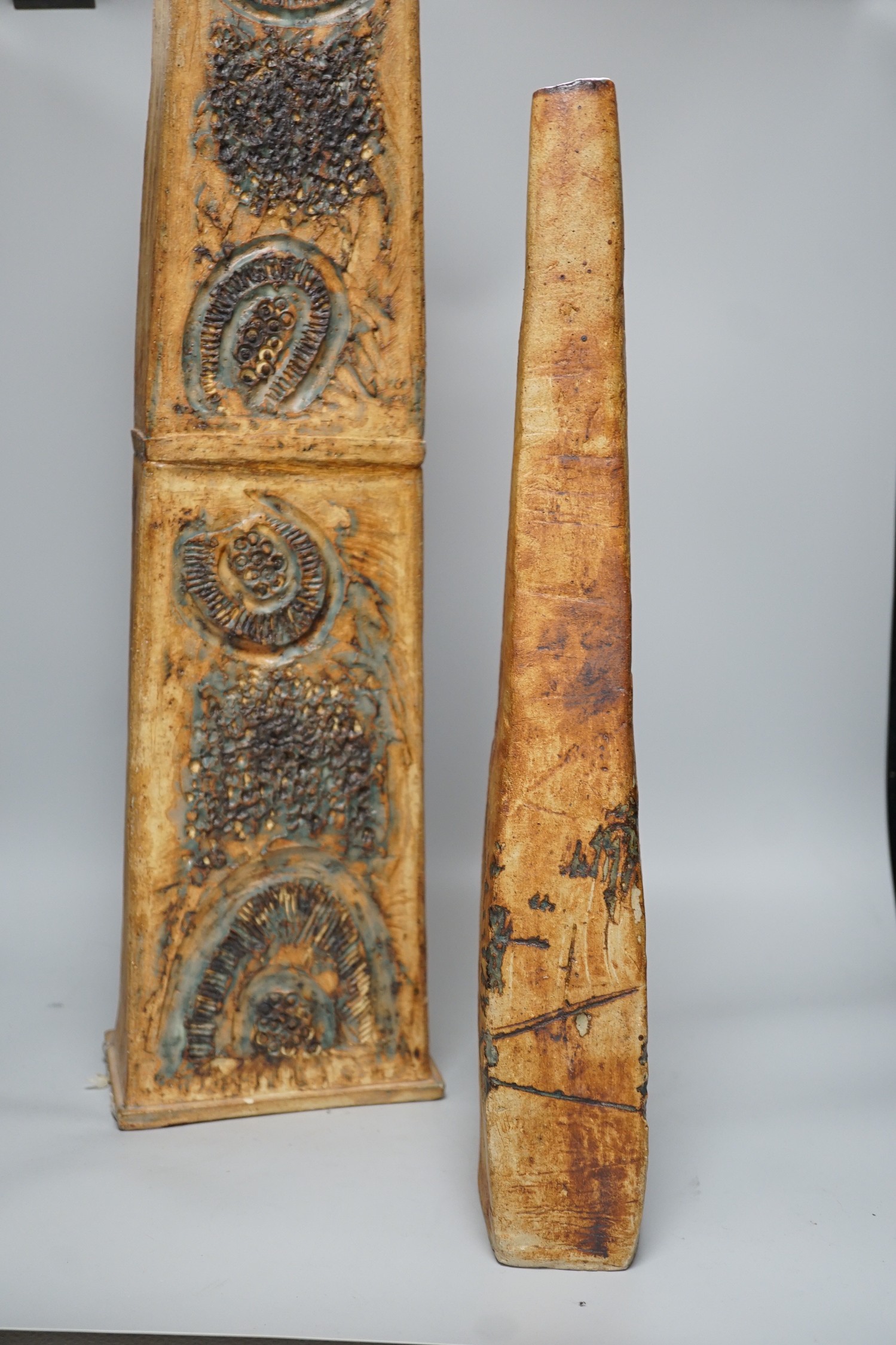 Ruth Sulke - two square abstract form vases, tallest vase 48cms high